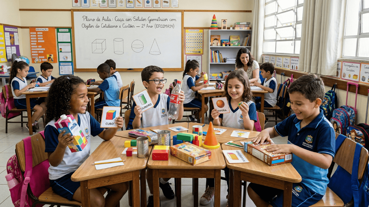 Plano de Aula Caça aos Sólidos Geométricos com Objetos do Cotidiano e Cartões - 2º Ano EF02MA14